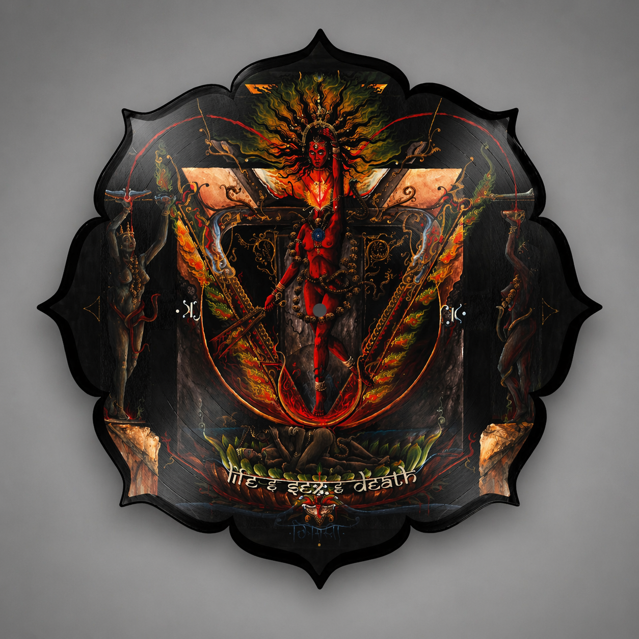 Decorative wall art with a central figure and symbols on a gray background