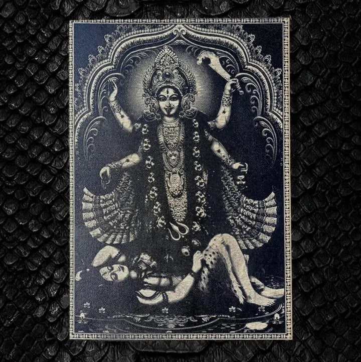Decorative poster with a black and white illustration of a deity on a textured black background