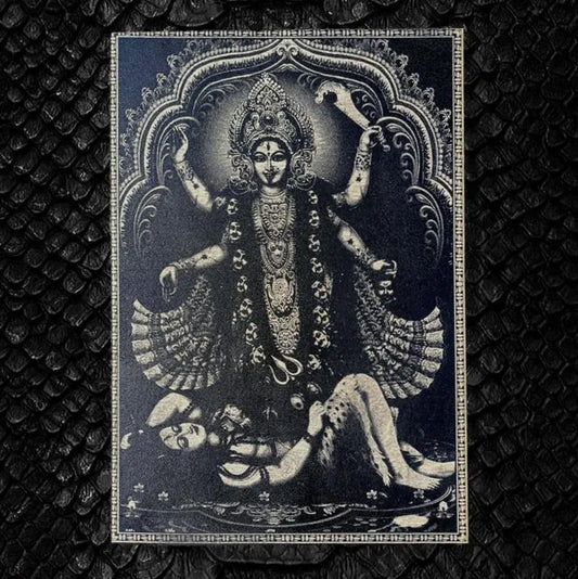Decorative poster with a black and white illustration of a deity on a textured black background