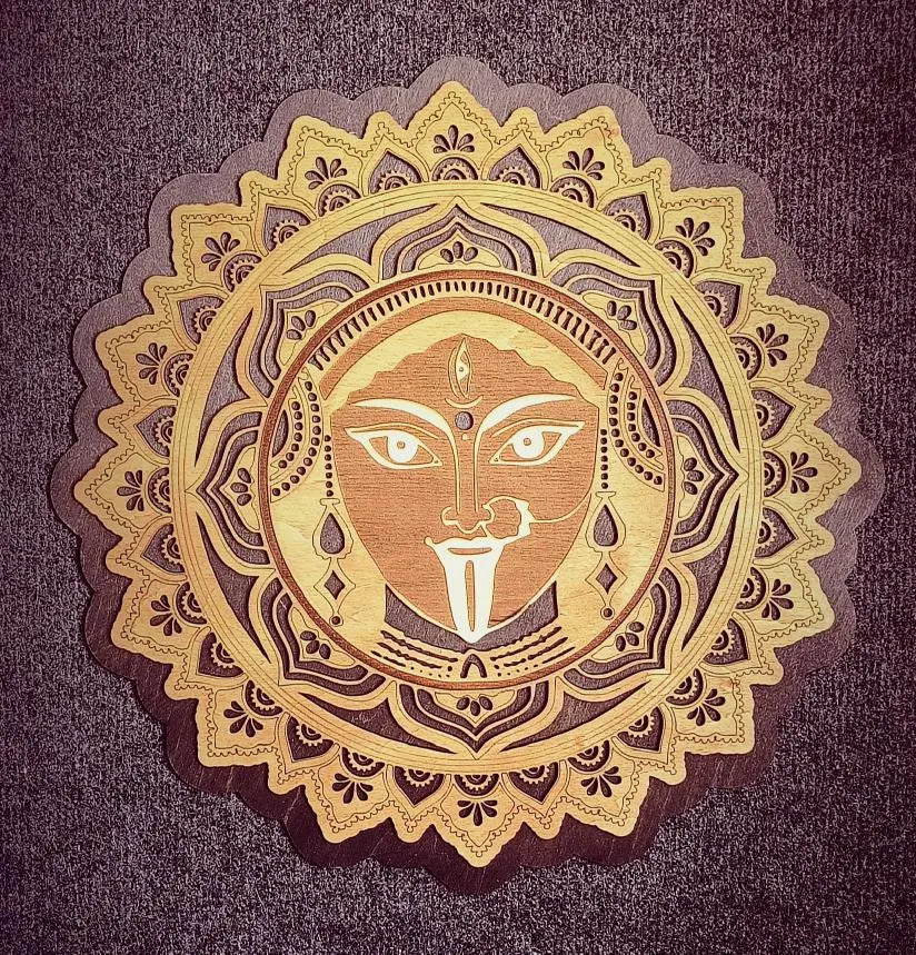 Decorative design with a face in the center on a textured purple background